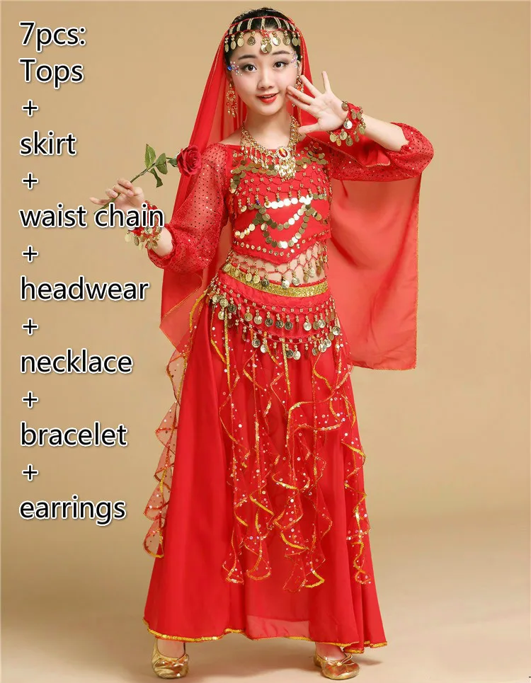 7pcs red Одежда для танца живота, Индийские танцы Болливуд, костюмы для детей, детская сексуальная одежда для танца живота, Восточный танец для сцены - Цвет: 7pcs red