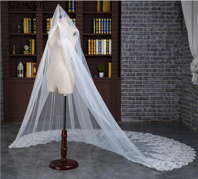 OLLYMURS Wedding Long Veil Cathedral Veil Two-Layer Plain Dyed 300cm Cut Edge Lace Double-layer Wedding Accessories