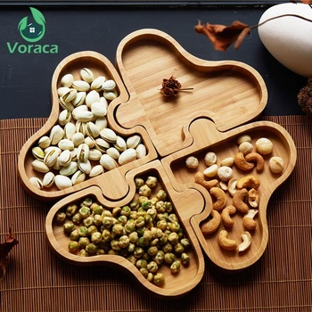 

Creative 4 Grids Jigsaw Wooden Snack Plate Hand Polished Solid Wood Candy Dried Fruit Snacks Nut Desserts Tray Tabletop Decor