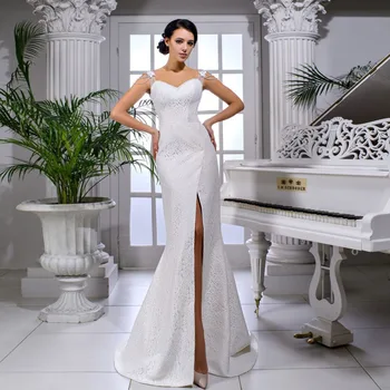 

Lace Mermaid Wedding Dresses Vestido De Noiva Sereia Beading Flowers Skirt Slit Sexy Trumpet Bridal Gowns Elegant Casamento