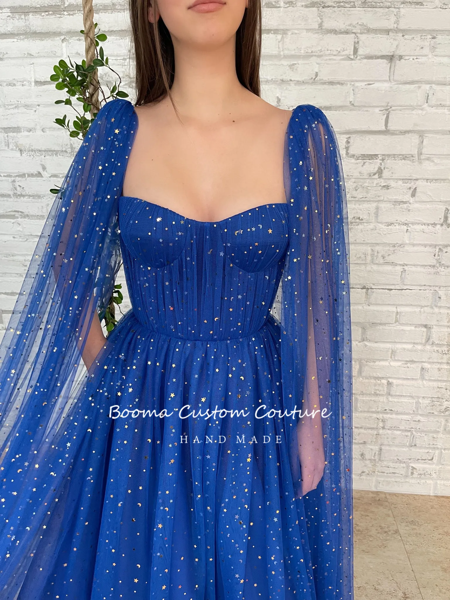 Women Prom Dresses Booma Sparkly Royal Blue Starry Tulle Long Cape Sleeves Sweetheart A-Line Formal Party Dresses Evening Gowns women prom dresses