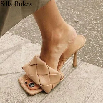 

New Knitting Style Square Toe Slipper Woman Thin High Heels Summer Slippers One Strap Mujer Runway Sexy Summer Shoes Woman 2020