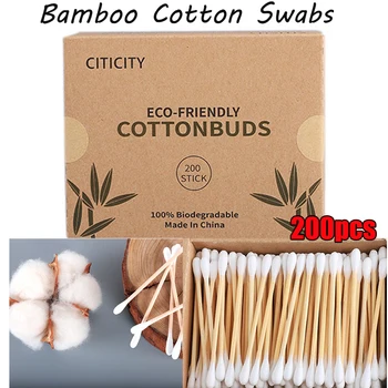 

200 Pc/Box Double Head Natural Wooden Bamboo Cotton Swabs Biodegradable Natural Eco Friendly Ear Swab Cotton Buds Beauty Makeup