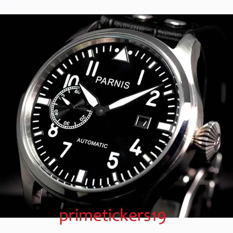 

47mm PARNIS black dial automatic movement mens watch date adjust leather strap