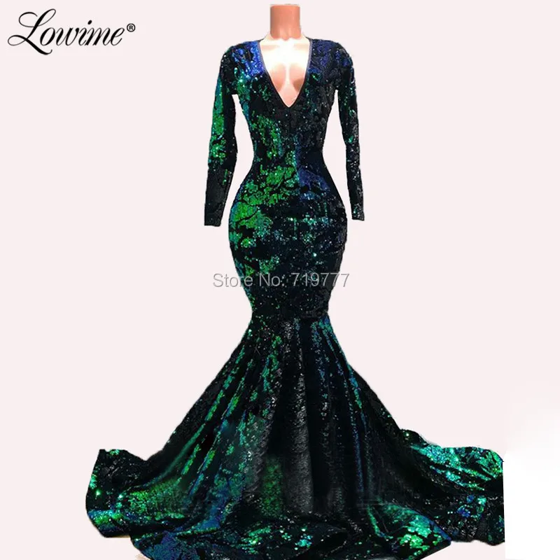 

Green Deep V Neck Long Sleeves Arabic Evening Dresses Dubai Mermaid Sequin Party Dress Couture Elegant Prom Dresses Gowns