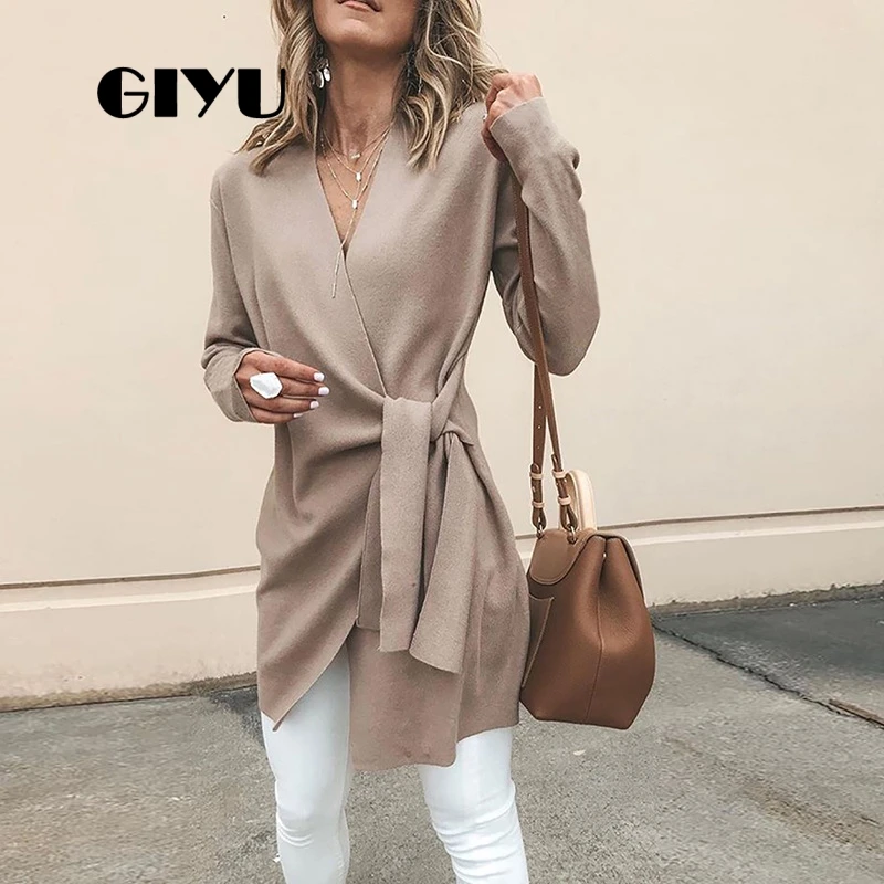 GIYU Autumn Winter Warm Long Sleeve Wool Coats with Sash Wrap Jackets Casual casaco feminino |
