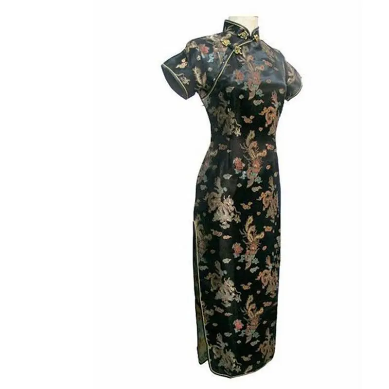 Qipao длинные платья с коротким рукавом сексуальное платье Черный Дракон и Феникс китайское традиционное платье женское атласное Чонсам Qipao большой размер - Цвет: Black A