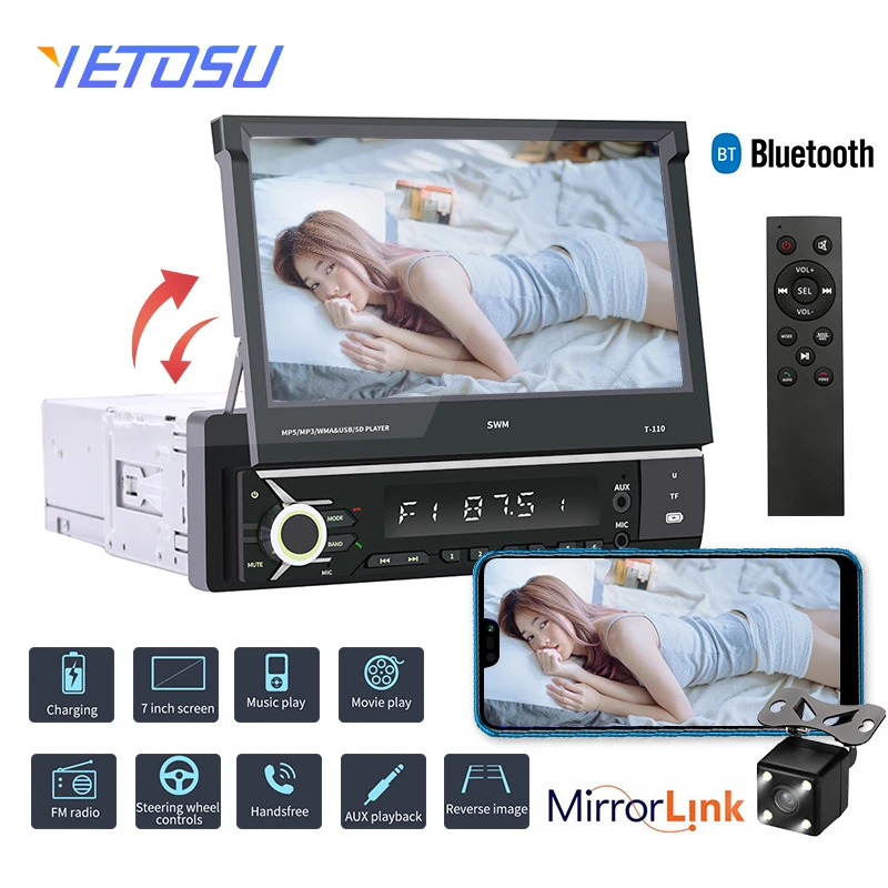 

Autoradio 7 Inch 1 DIN Touch Screen Car MP5 Player Bluetooth Mirrorlink Stereo Retractable Radios AM/FM Support Multi-Languages
