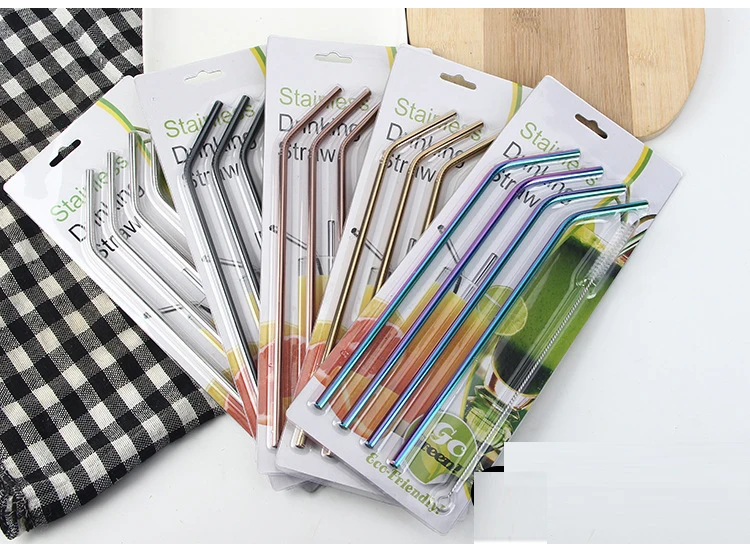 200sets Color Stainless Steel Straw Set Mirror Polished Sucker Beverages Curved Straw Drinks 4 Straw and 1 brush
