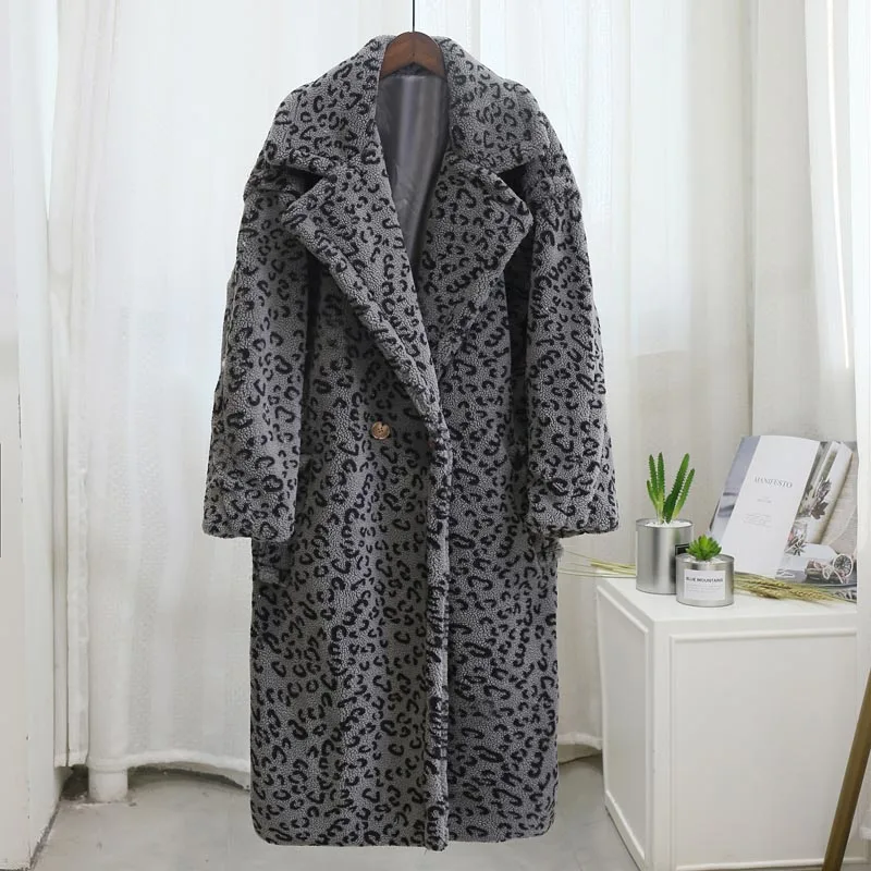 Розовая длинная куртка с плюшевым мишкой, пальто для женщин, зима, Толстая теплая объемная массивная верхняя одежда, пальто для женщин, пальто из искусственного меха ягненка - Цвет: gray leopard