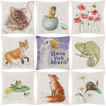 

Fox Frog lizard Elephant Flowers Art Cushion Covers Hand Painting Animals Cushion Cover Linen Pillow Case No Fillings