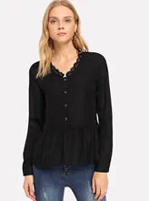 Linglewei New Spring and Summer Women's Shirt lesbian V-neck Breasted Long sleeves Lotus leaf edge shirt