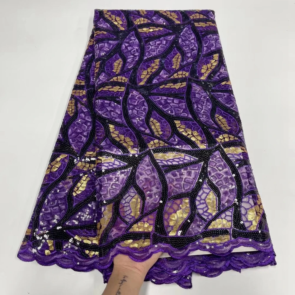 

African Lace Fabric High Quality Tulle Swiss Voile French Net Purple With Squins Nigerian Shining For Sewing Wedding Dress Cloth