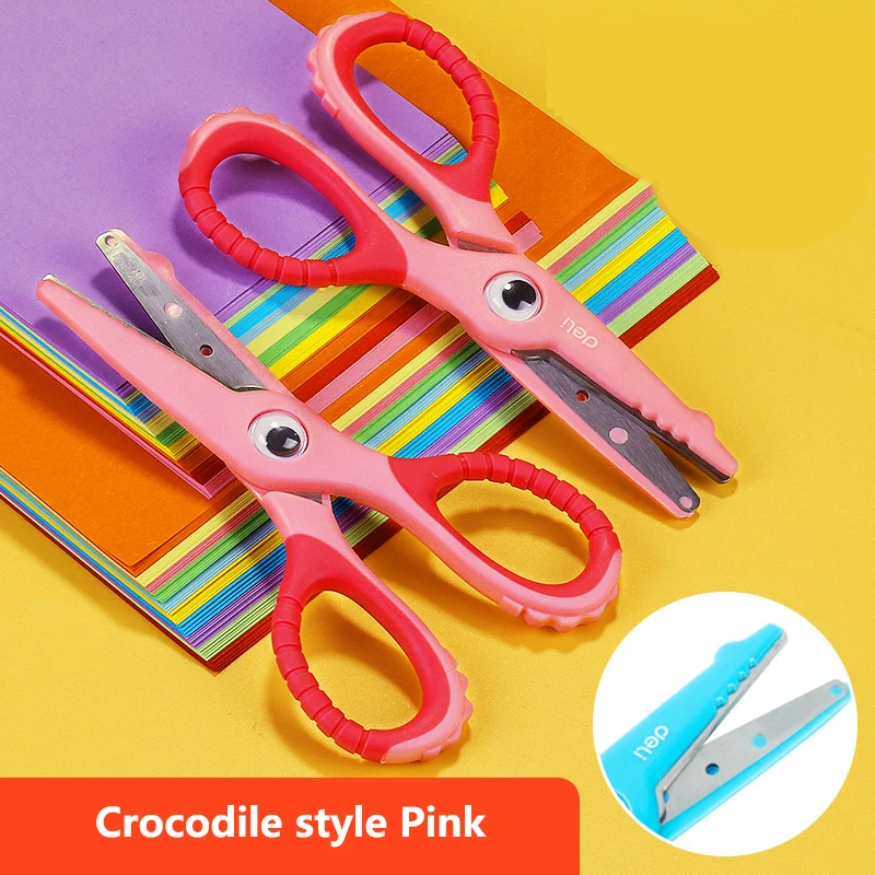 Deli 2 шт. детский нож с мультипликационным принтом, ножницы для художественной бумаги, школьные поделки, скрапбук, бумажный дневник, ремесло, инструменты для украшения - Цвет: Crocodile style Pink