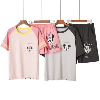 

2020 Summer Cartoon Mickey Cotton Short Sleeved with Shorts Couple Pajamas Pjs Women Man Pyjamas Sets Home Clothes Pijama Mujer