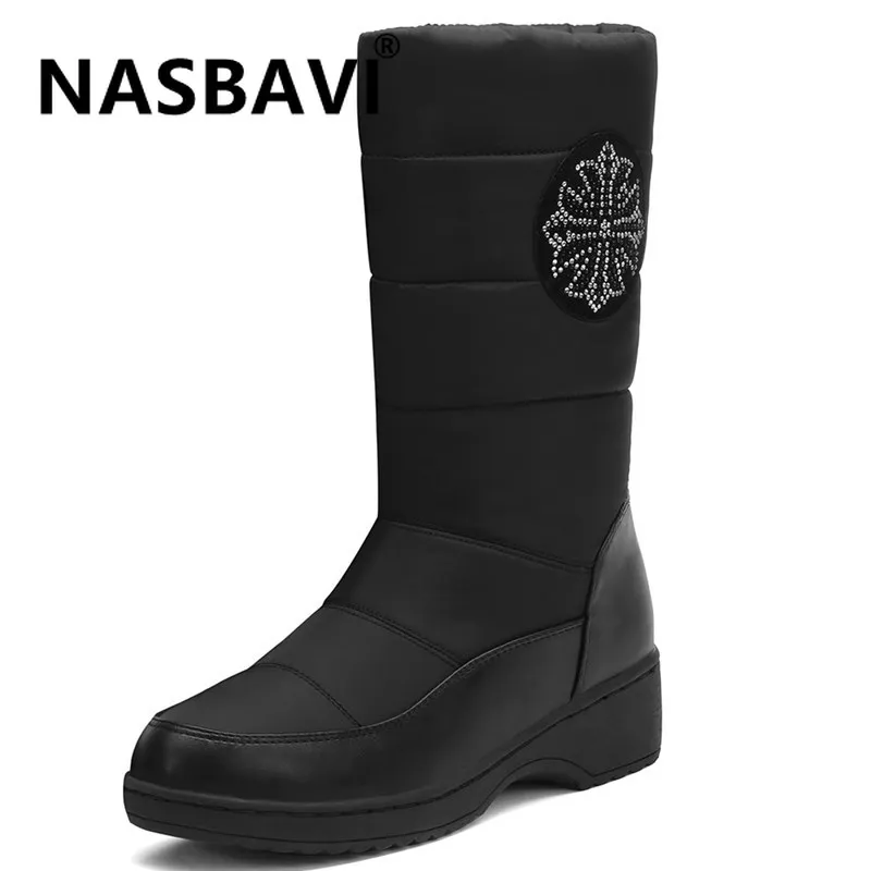 NASBAVI new Big size 35-43 New warm plush snow boots women platform boots solid color round head mid-calf snowflake crystal boot