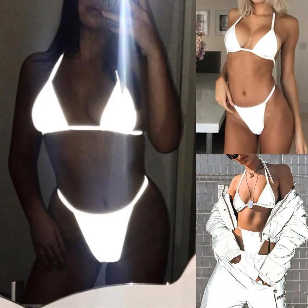 

Silver Reflective Set Sexy Two Piece Set Halter Crop Top and Thong Shorts Beach Club Outfits 2pc Matching Sets Chandal 40MR12