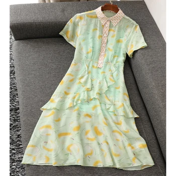 

Bohemian Dot Turn-down Collar Short sleeve Dress Summer Women Elegant Ruffles High Quality Apple Print Fashion Long Dress