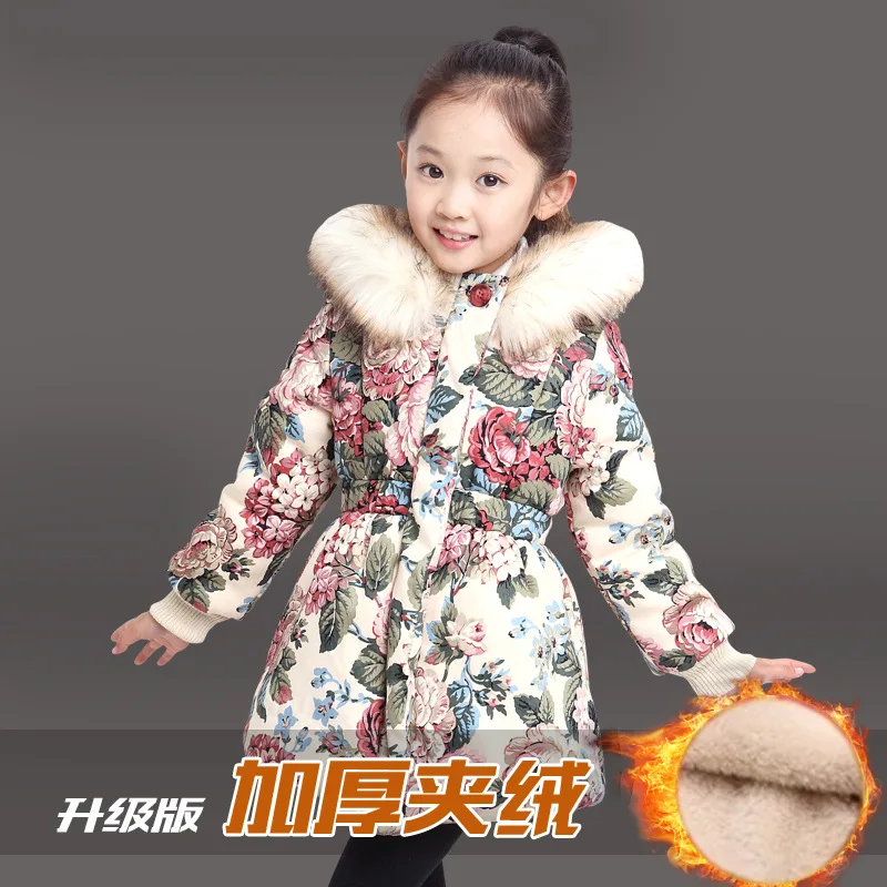 

Foreign Trade for Childrenswear Girls Winter Style Thick Floral-Print Cotton-padded Jacket Big Boy Fashion plus Velvet Cotton-pa