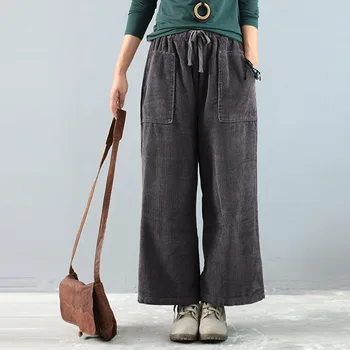 

Spring Elastic Waist Corduroy Trousers ZANZEA Women Casual Wide Leg Pants Fashion Solid Work Loose Long Flare Pants Pantalons