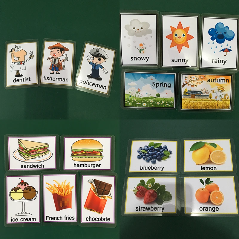Montessori de Aprendizagem Educativo para a Criança Frutas Alimentos Tempo Profissão Crianças Inglês Palavra Bolso Cartão Flashcard Cedo Brinquedo 82pcs - 3 Online shopping