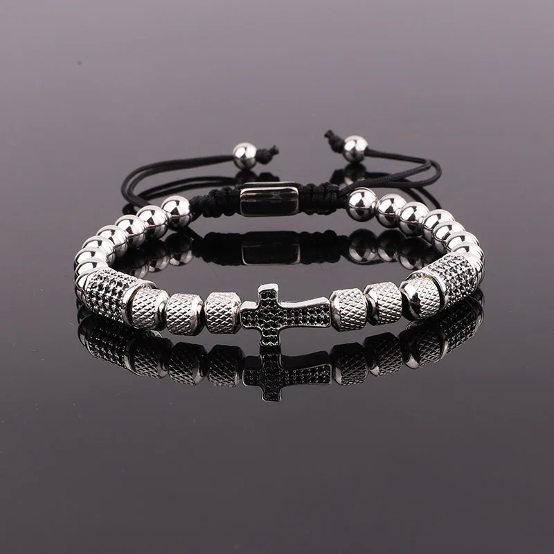 New Design Cross Bracelet Men Jewelry Gold Plated Stainless Steel Beaded CZ Pave Charm Macrame Adjustable Bracelet Men - Image 6