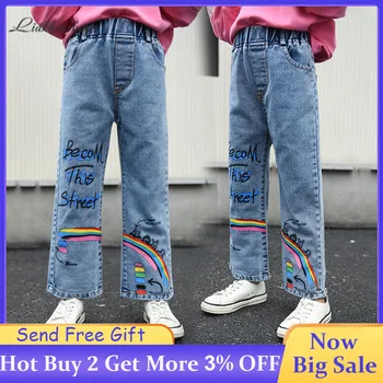 

Girls Jeans 2020 Spring Fashion Elastic Waist Jeans Girls Cartoon Pattern Printing Jeans Teens Casual Graffiti Wide Leg Jeans