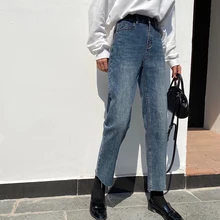 Корейские потертые джинсы с высокой талией, женские обтягивающие прямые джинсы Harajuku, новые простые свободные женские джинсы на пуговицах