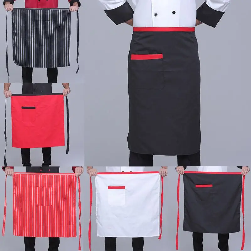 

68x68cm Mens Womens Solid Color Stripes Half Short Apron with Pocket Long Ties