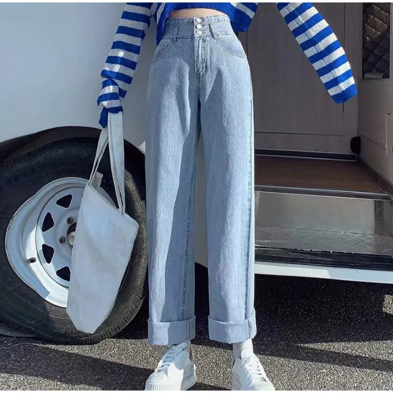 Women's Jeans High Waist Denim 2021 Wide Leg Pants Blue Office Pant Female Vintage Quality Casual Fashion Straight Long Trousers high waisted jeans