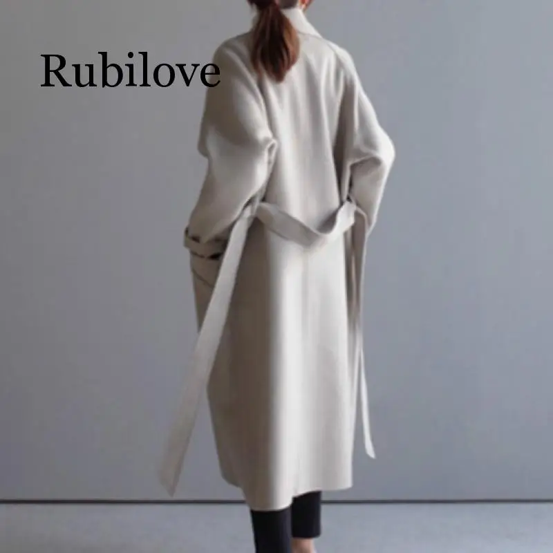Rubilove зимнее шерстяное Женское пальто с широким нагрудным поясом и карманами, шерстяное пальто, длинное шерстяное пальто, верхняя одежда