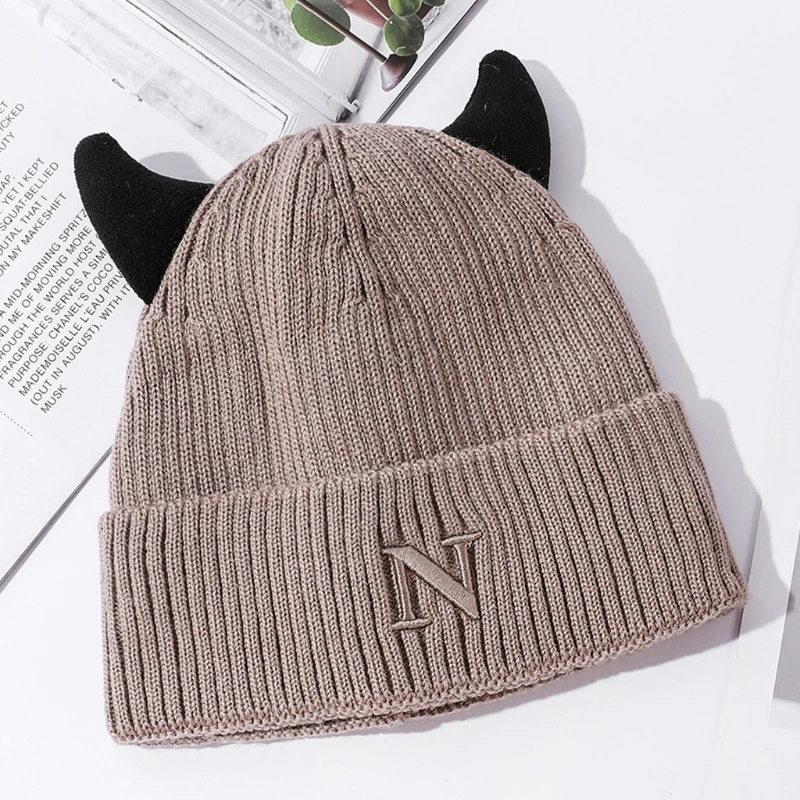 Cute Cow Horns Wool Hat Letter N Knitted Hat Ear Protect Warm Autumn Winter for Boy Girl Xmas Halloween New Year Party