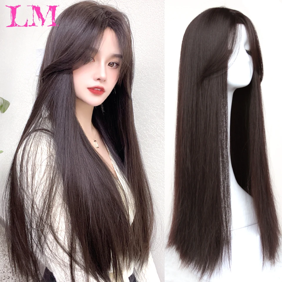 LM Women Wig Blcak Long Straight Hair With Center Bangs Lolita Daily Wear Synthetic Heat-resistant Mid-length Wigs | Шиньоны и парики