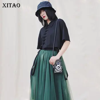 

XITAO Irregular High Waist Blouse Fashion New Women Vintage Small Fresh Short Sleeve Black Minority Style Shirt Top DMY3958