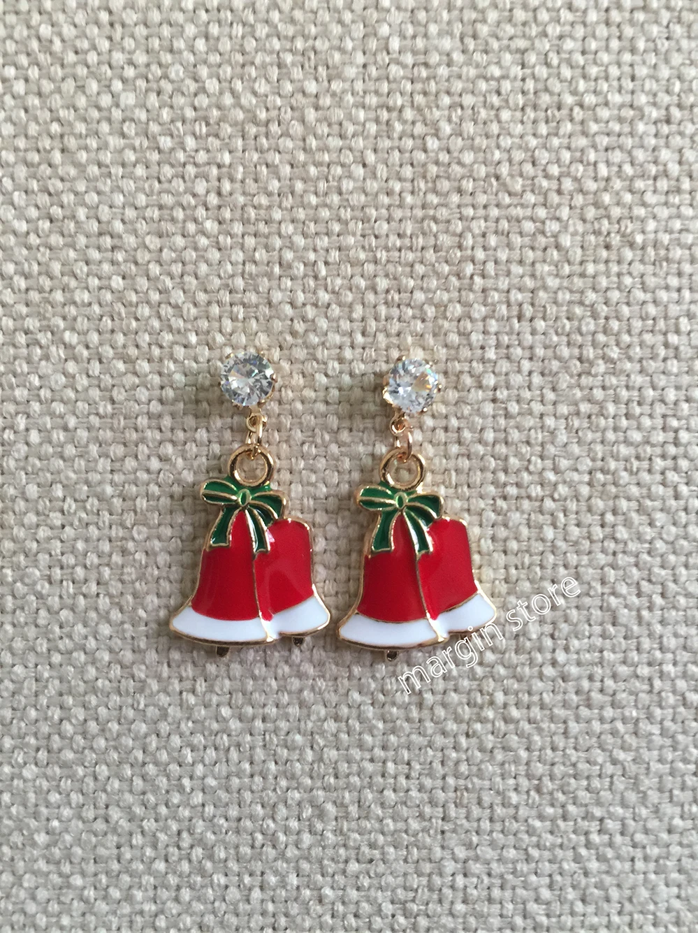 

Red Christmas Double Bell with Green Bow Earrings Jewelry