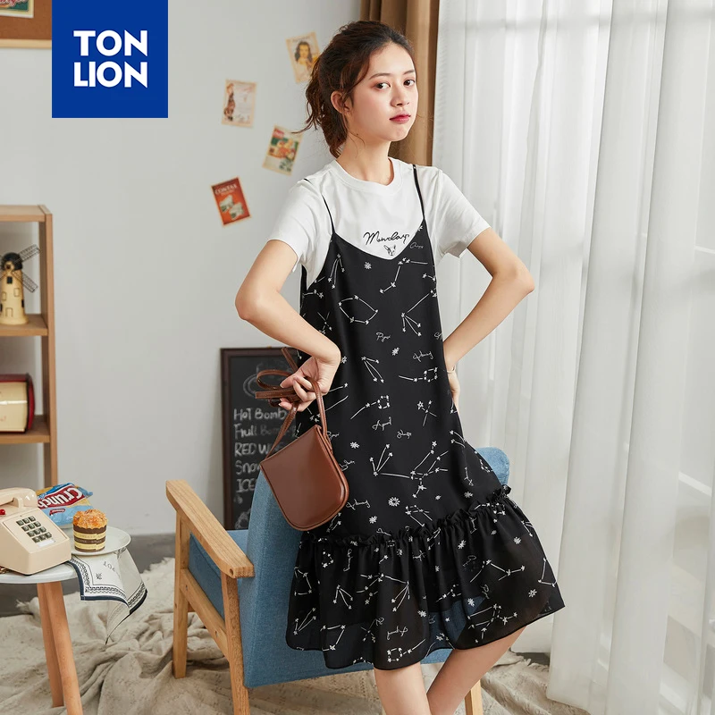 

TONLION Black Vintage Print Women Dress Summer Sleeveless Spaghetti Strap Dress for Youth Strapless Dresses Knee-Length 2020 New