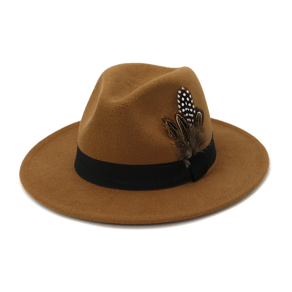 HOAREE White Wool Vintage Trilby Felt Fedora Hat with Feather Women Men Church Hats Wide Brim Male Female Autumn Jazz Caps yellow fedora