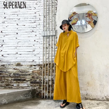 

SuperAen Europe Fashion Women's Sets Summer New 2020 Short Sleeve Tops Casual Soldi Color Wide Leg Pants Two-Piece Set