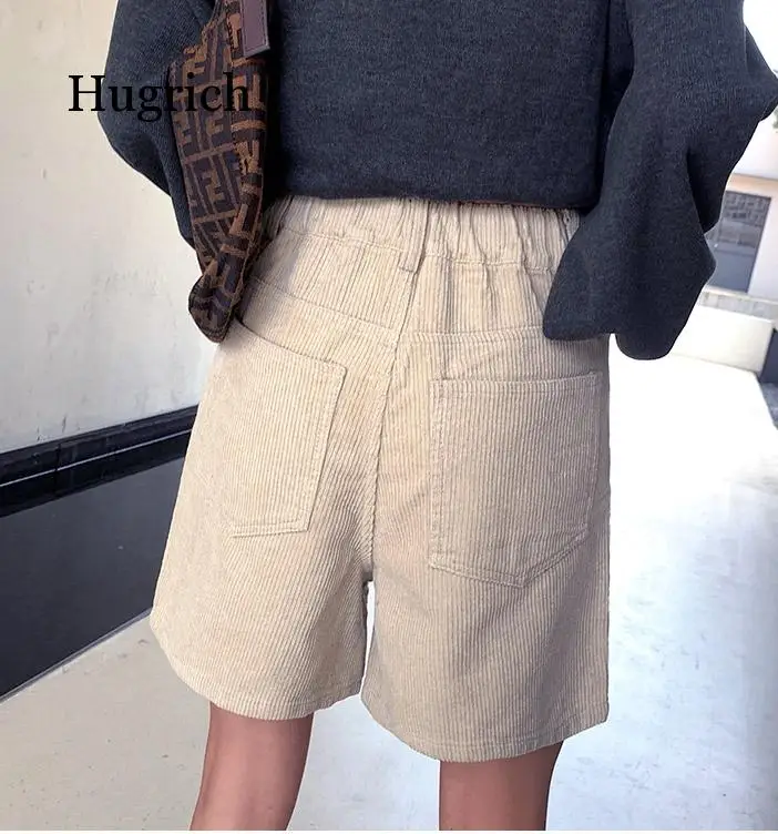 2021 Spring New Women's Loose Pockets Fashion Mid Waist Shorts Office Lady Buttons Female Corduroy Shorts