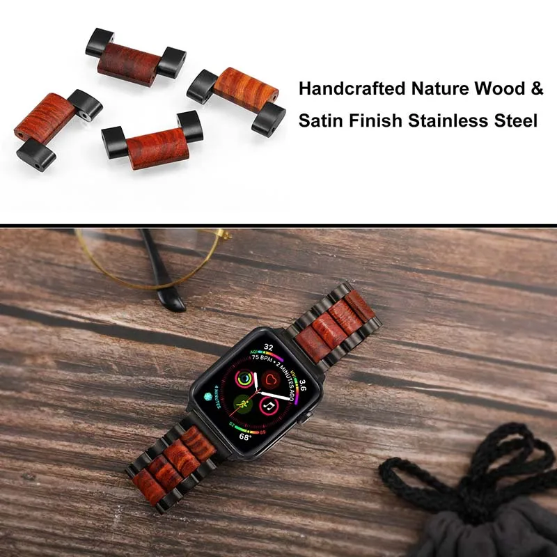 Ремешок из натурального дерева и нержавеющей стали для часов iWatch Apple Watch Series 5 4 3 2 1 44 мм 42 мм 40 мм 38 мм красный ремешок из сандалового дерева