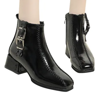 

Shoes Woman Solid Color Square Head Side Zipper Rough Leather Mid Heel Loose Authentic Fashionable Shoes Woman Casual