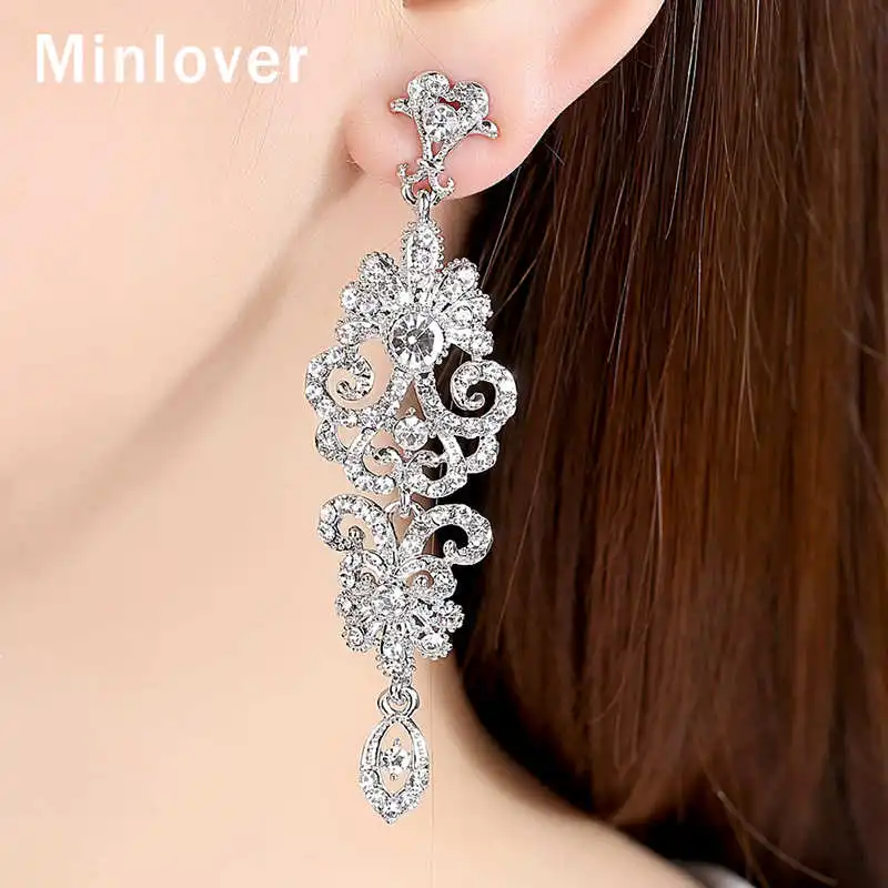 Minlover серебряный цвет кристалл клип на серьги женские аксессуары люстра подружки невесты Висячие серьги Свадебные украшения MEH948