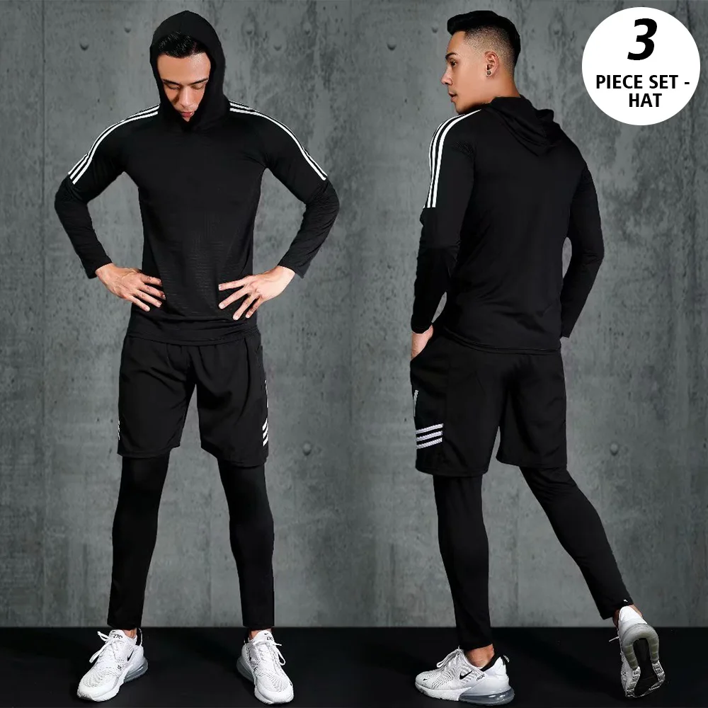 YD-FU, мужская спортивная одежда для фитнеса, тренажерного зала, тренировочная одежда, спортивные костюмы для бега, спортивная одежда, сухая посадка - Цвет: 3-piece set - black