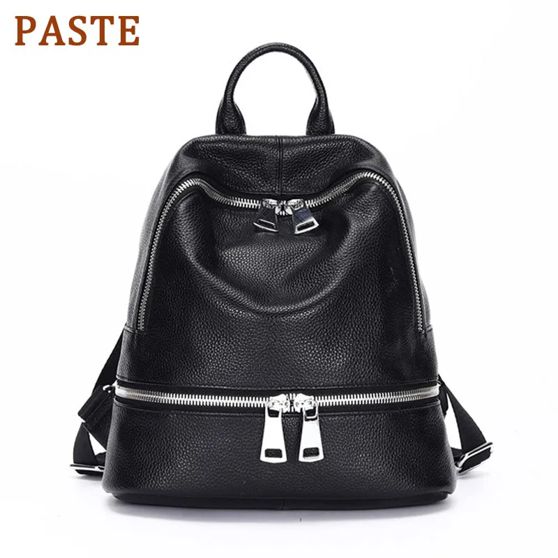

PASTE Fashion Women Backpack Cowhide Genuine Leather Preppy Style Girl's Schoolbag Black Holiday Knapsack Lady Casual Travel Bag