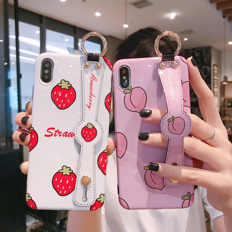 

Cute Fruit Phone Case for iPhone X XR XS Max Fresh Strawberry Peach Wrist Strap Phone Stand Back Cover for iPhone 8 7 6 6S Plus