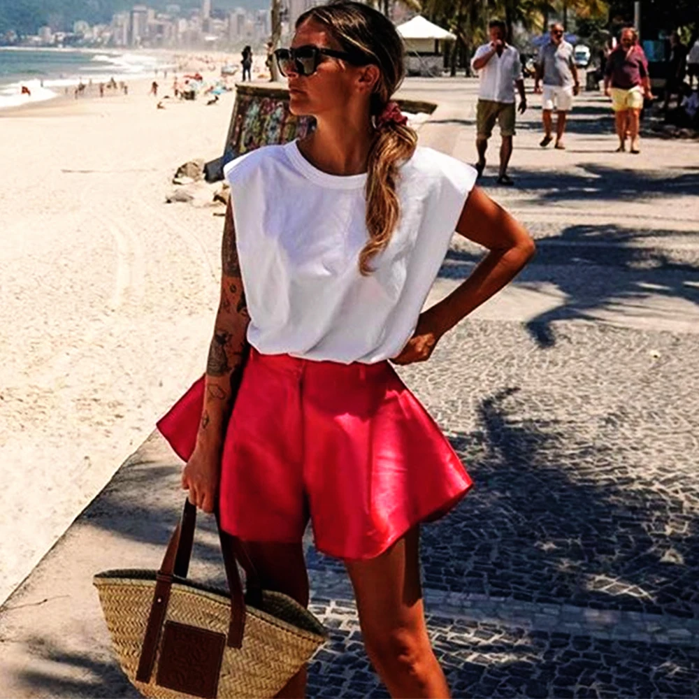 Summer Satin Beige Red Shorts Women 2020 Wide Leg Short Pants Elegant Button Flared Slim Shorts With high Waist Female Hot Pants