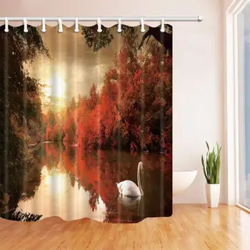 

Autumn Forest Decor Swan in The Lake Under The Tree Resistant Polyester Fabric Shower Curtains for Bathroom Shower Curtain Hooks