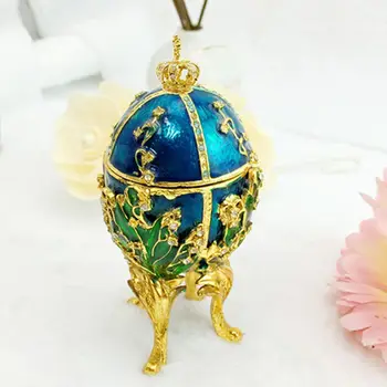 

Blue Green Faberge-Egg Series Hand Painted Jewelry Trinket Box with Rich Enamel Sparkling Rhinestones Unique Gift Easter Day