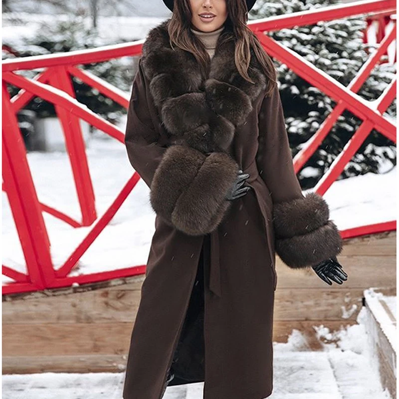 Fandy Lokar Real Red Fox Fur Jackets Women Fashion Cashmere Coats Women Elegant Covered Buttons Long Jackets Female Ladies IAB - Цвет: TBRF2073 Brown