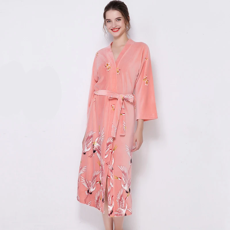 pink robe Осенне-зимний велюровый женский халат, комплект из 2 предметов, ночное белье, повседневное кимоно, банный халат, сексуальное ночное платье для невесты, платье подружки невесты - Цвет: pink robe